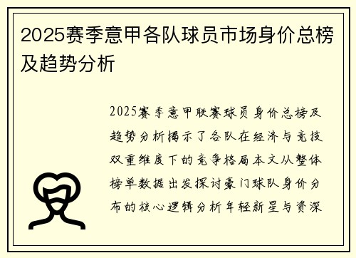 2025赛季意甲各队球员市场身价总榜及趋势分析